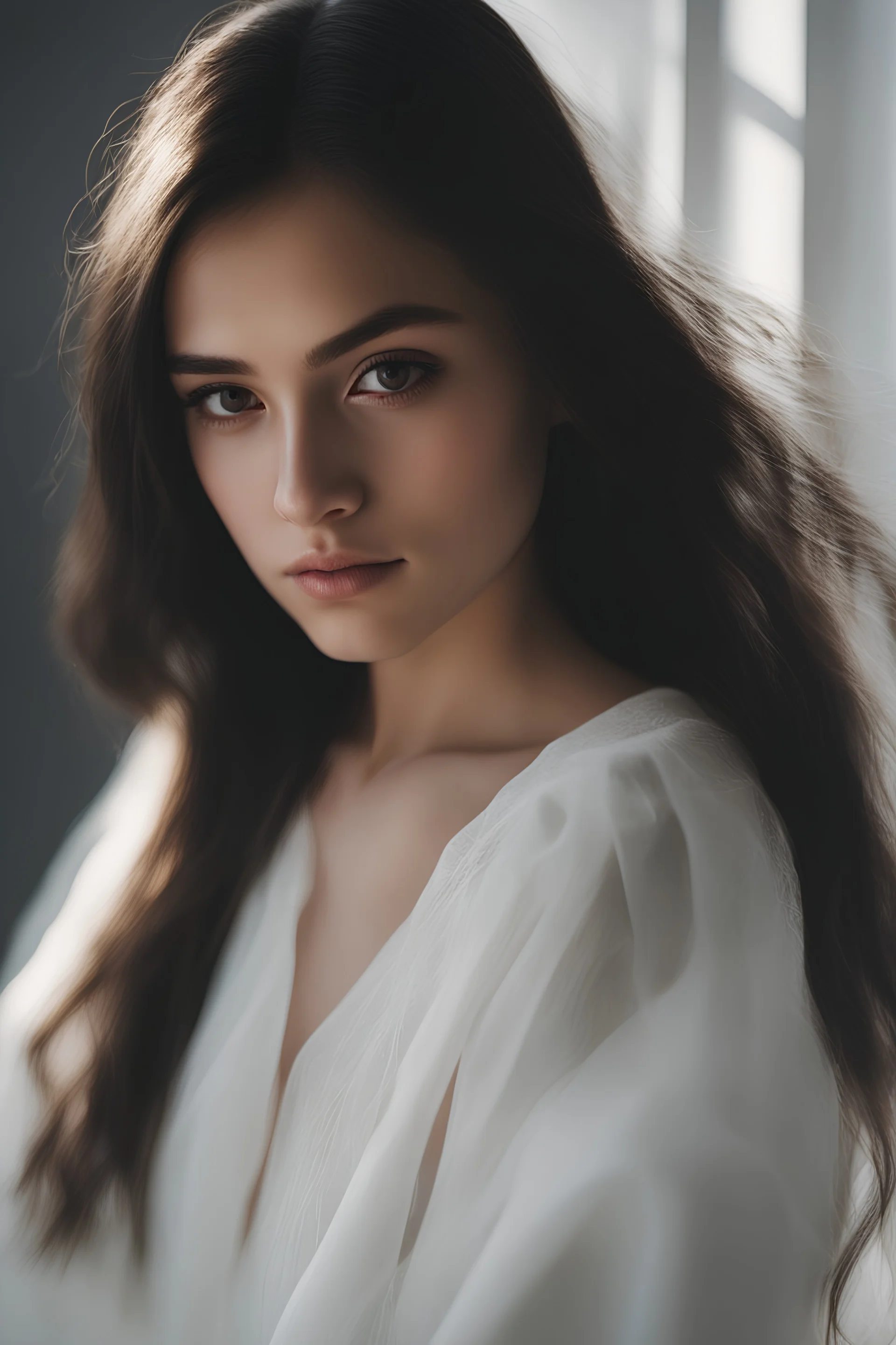 An incredibliy detailed medium shot macro shot of a 20 years old beautiful girl, long dark hair, an artistic portrait, detailed skin, detailed hair, facing to the camera, looking at the camera, dreamy mood, realistic, low aperture, bright image, Leica Q3, corner in the white room, white background, sunlight from the window, shadow of the window frame, golden hour