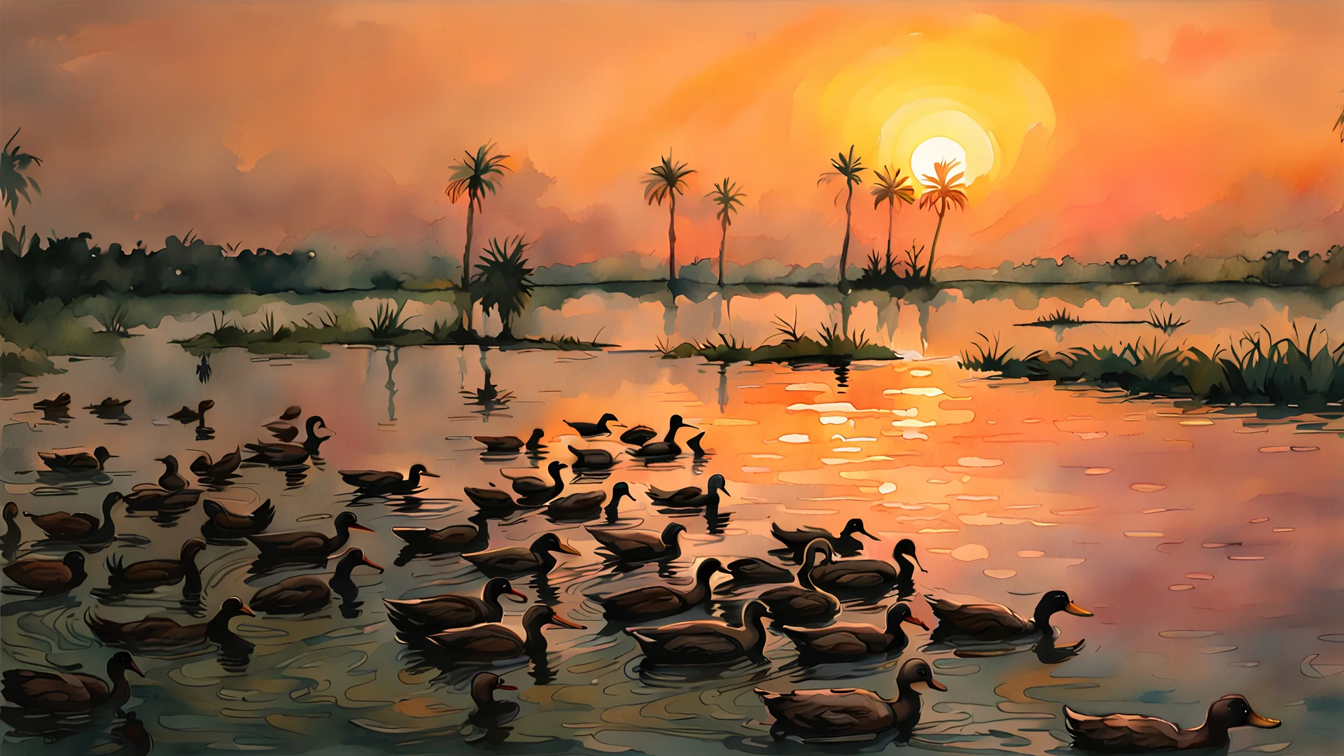 watercolor paintig of ducks in lake, duck farm, coconut trees, sunset, colorful, pen line sketch and watercolor painting ,Inspired by the works of Daniel F. Gerhartz, with a fine art aesthetic and a highly detailed, realistic stylev