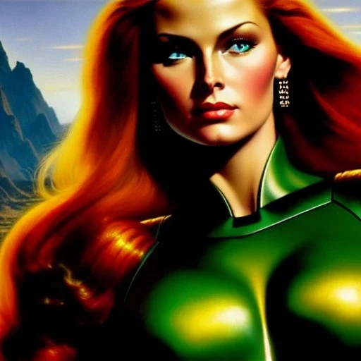 portrait oil on canvas, beautiful busty Jean Grey,green eyes, ,minimal armor,comic book cover, mystical colors,insanely detailed,realistic,intrincate detail, 16k resolution, masterpiece,Frank Frazetta,Alex Horley, Simon Bisley