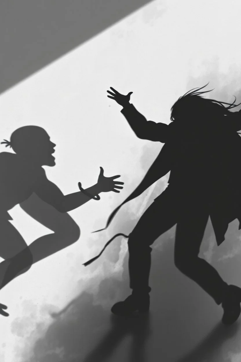 a chaotic, abstract image of two shadows killing one another