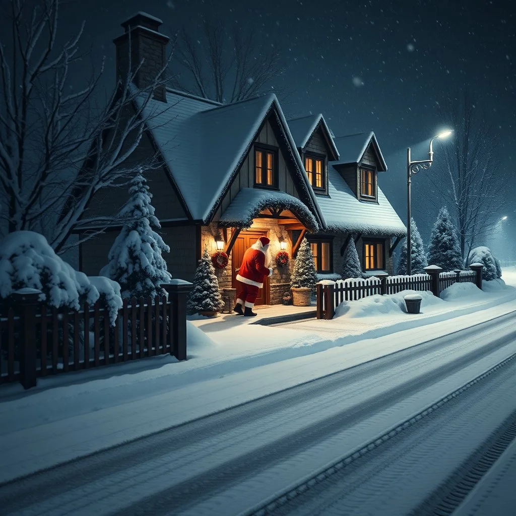 CCTV Footage View Of A Santaclause Putting Gifts Outisde A Beautifully Docated Cottage House, With An Empty Road View At Winter Night With Heavy Snowfall Showing Dramatic And Cinematic Ambiance.