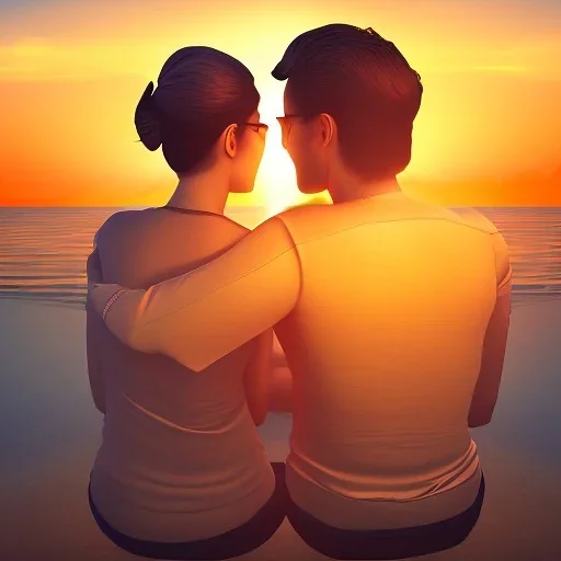 2 lovers watching the sunset sitting in the sand on a sand island