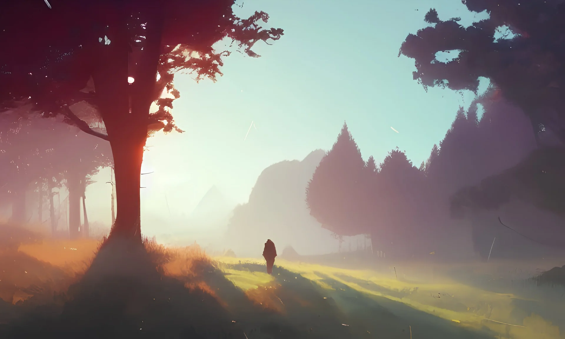 A beautiful landscape at dawn by atey ghailan, ismail inceoglu, michal lisowski, artstation, volumetric light, high detail, perfect