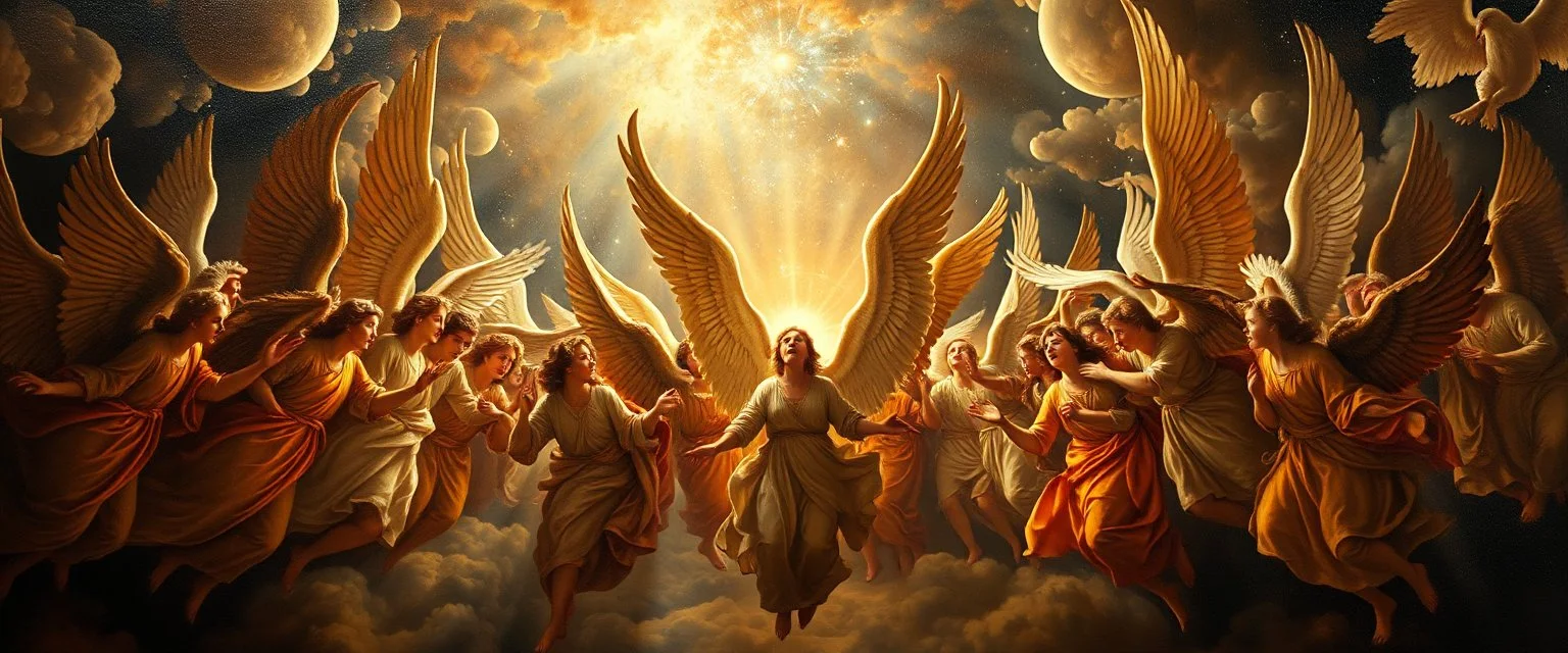 master oil painting by Rembrandt,100 million angels singing, display of god rays