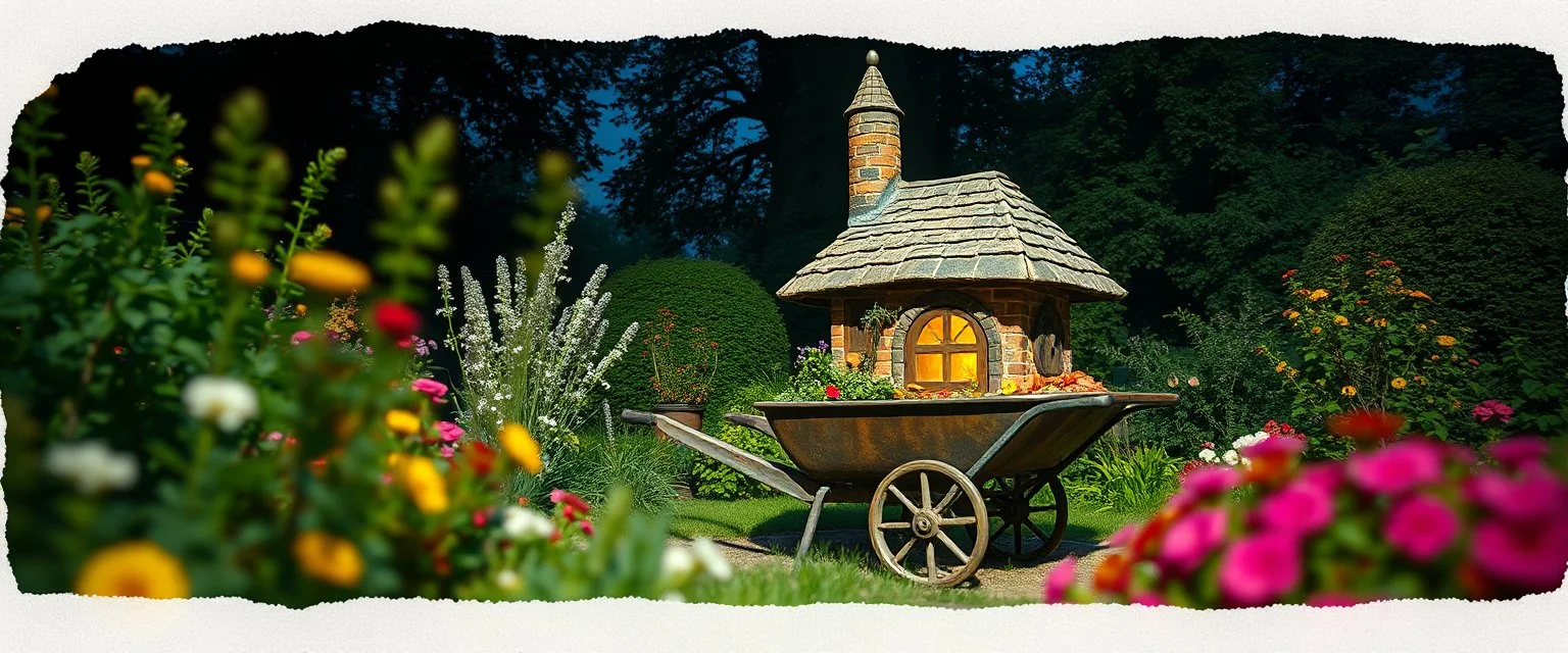darkest gnome house in wheelbarrow in bright garden , pinhole cam, airbrush 3d rendering, in the style of John Atkinson Grimshaw , torn edges on border