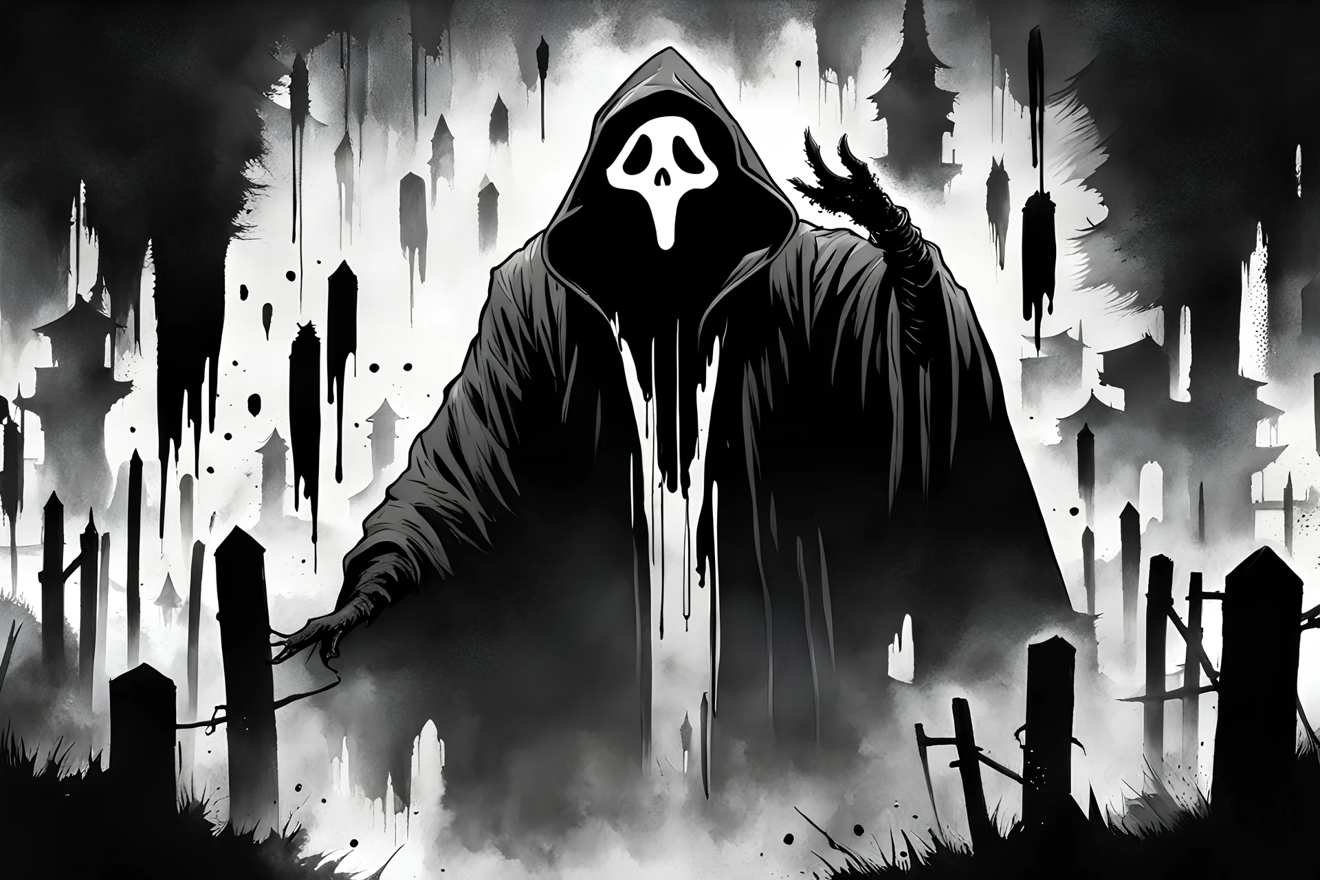 Ghostface from the Scream series, negative black and white Speedpaint with large brush strokes by, Junji Ito, Ismail Inceoglu, Gazelli, Kouta Hirano, Takato Yamamoto, paint splatter, white ink, a masterpiece, 8k resolution, trending on artstation, cute, gothic horror, terrifying, highly detailed and intricate