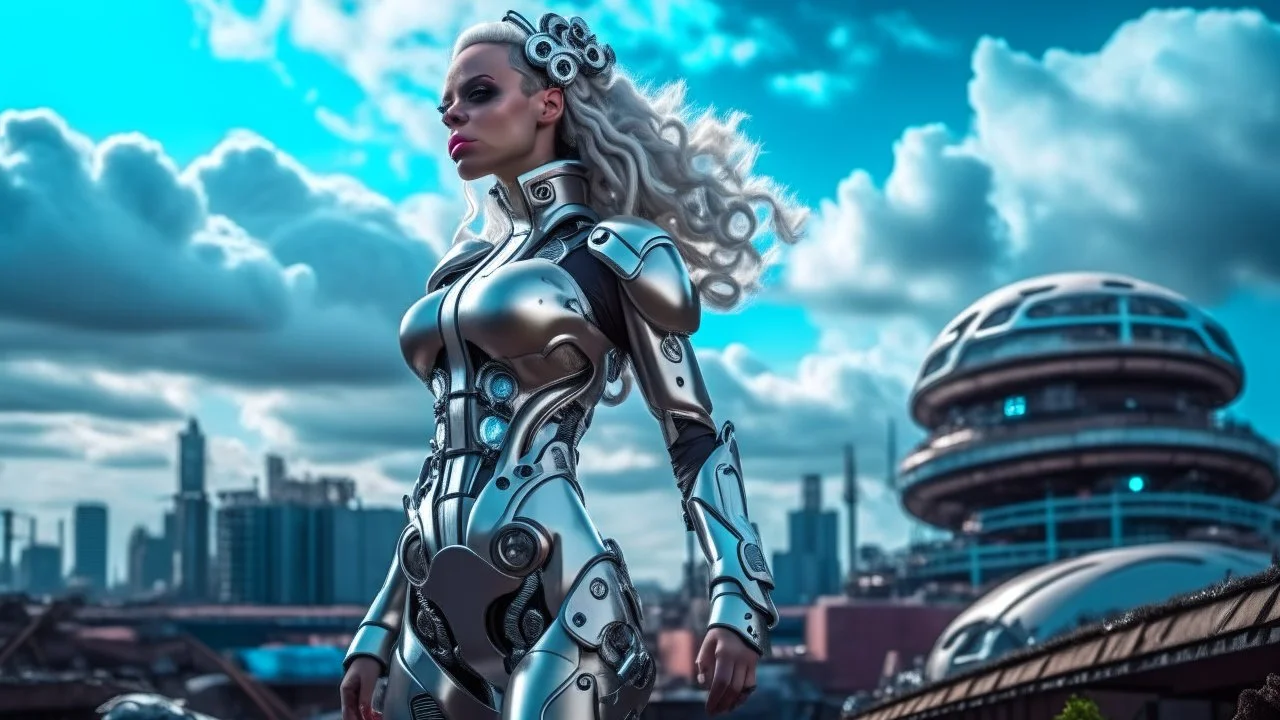 three-quarter view of a woman in a silver robotic catsuit standing in a futuristic derelict city with mushrooms with tentacles, floating in the sky