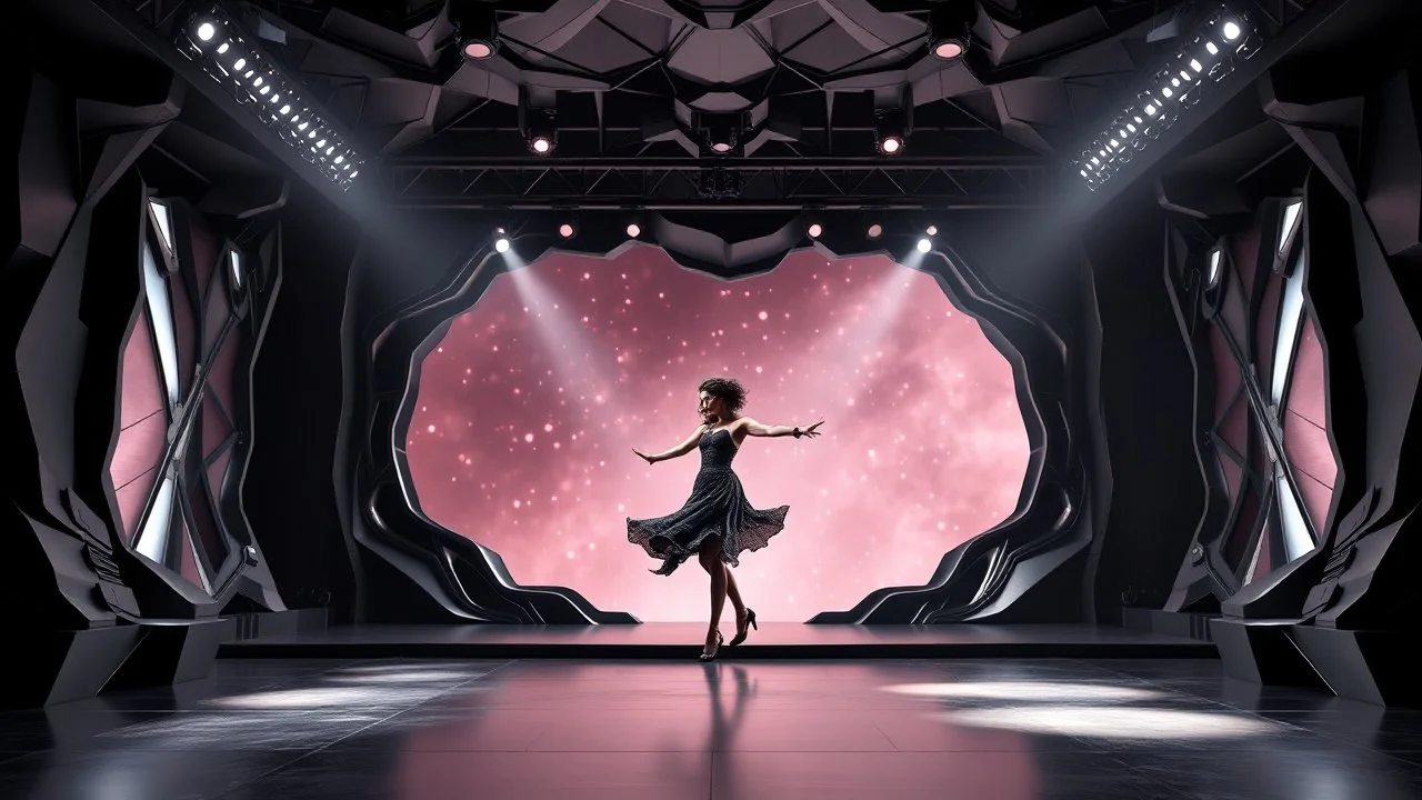 a 3d fractal stage structre made of metallic dark color 3d structures, pertty artistc background,dynamic lights,lady prances in modern fashion clothing dansing in stage