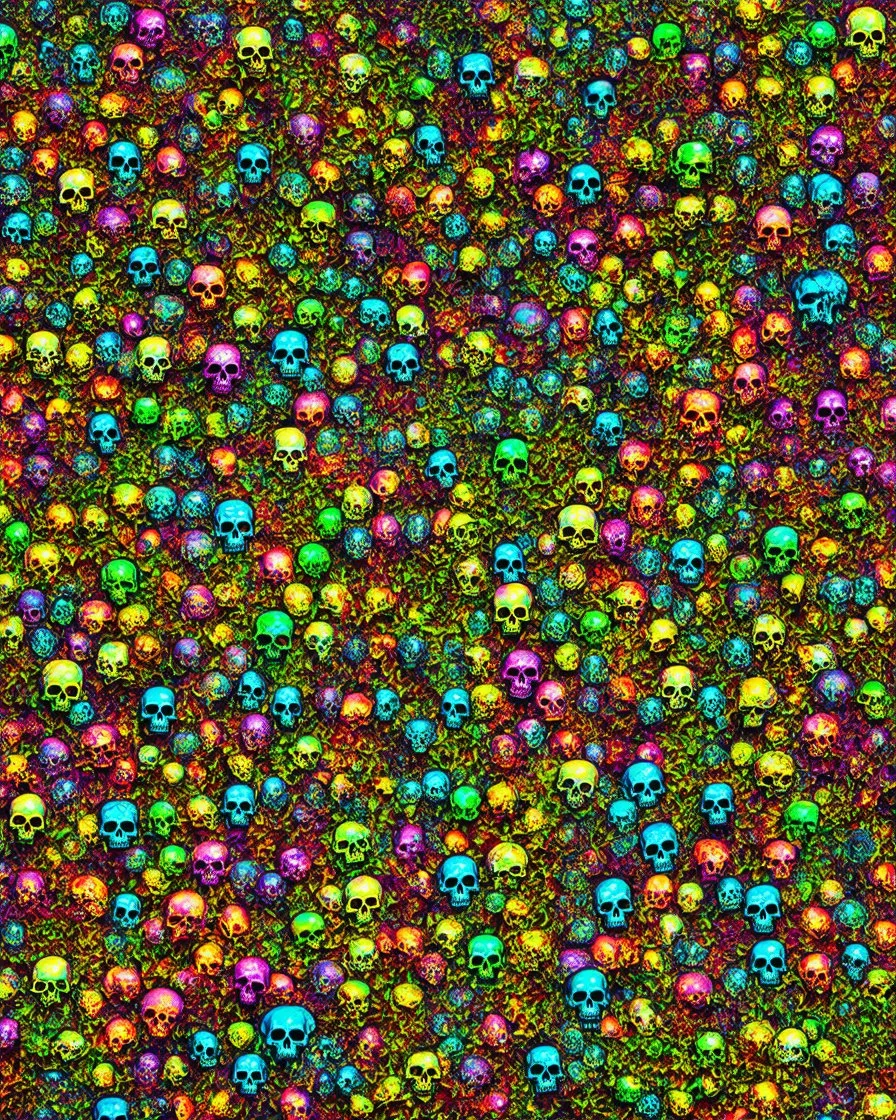 a field of skulls, multi colored, bright, vivid, psychedelic, high detailed, matte, bunches and bubbled up clumps, horrorcore, vines, unsettling contrast