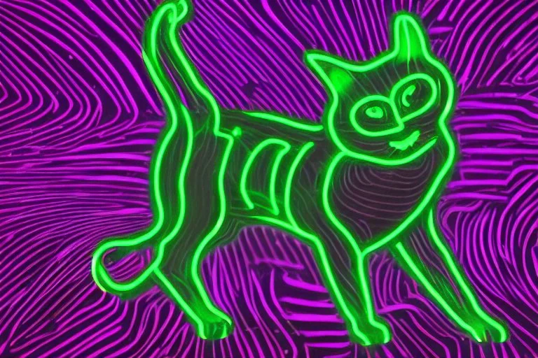 black background, outlines of a full-figure holographic cat, drawn from thin neon-coloured glowing lines