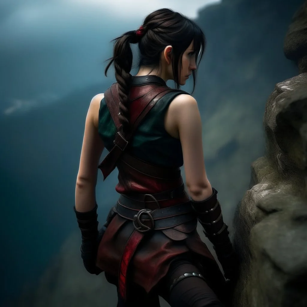 a beautiful tiefling woman with dark hair in a sleeveless battle outfit, seen from the back, at the edge of a precipice, ready to jump, photo quality, dark colors