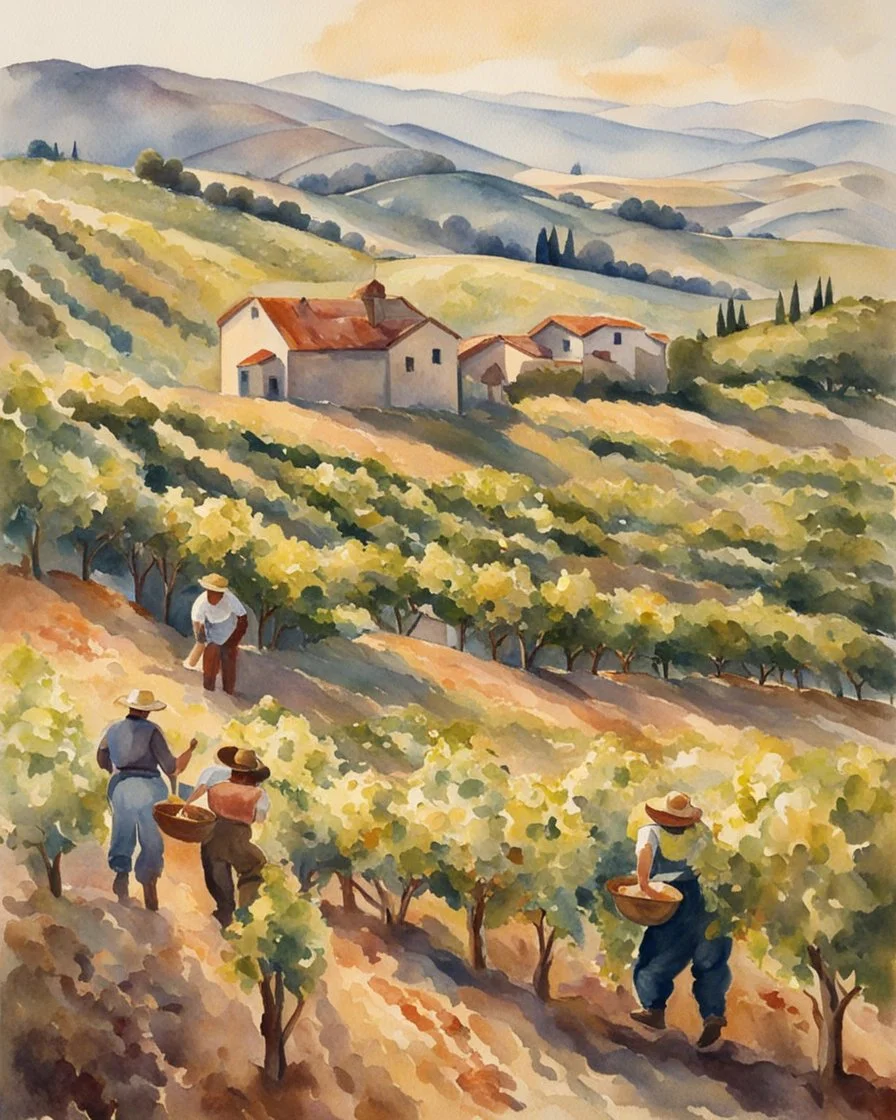 A sunlit vineyard with workers harvesting grapes against a backdrop of rolling hills. Watercolor, Post-Impressionism. Created in the style of Isabella Marconi.