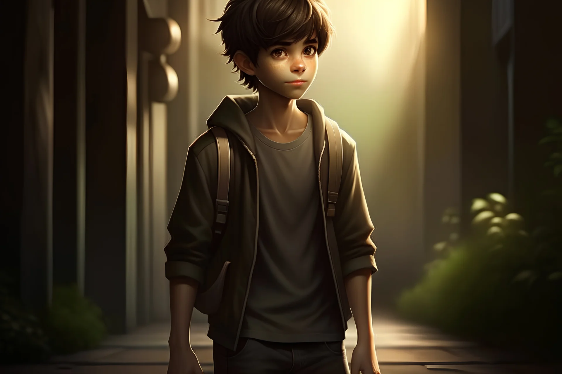 Digital art, high quality, digital masterpiece, natural illumination, realistic, spotlight, magazine style, (fullbody:2.5), (1 young boy walking:2.5), (Short dark brown hair:1.8), (Olive skin:1.8), (Cute femenine face:1), Cute, (Shy smile:1.8), (Cute winter outfit:1.8), (looking back:1.2) (White snow at background:3), snowman, action film style, comicbook style