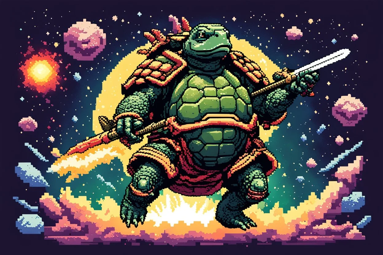 A turtle samurai in the space with a supernova exploded behind, 8bits, pixel art,