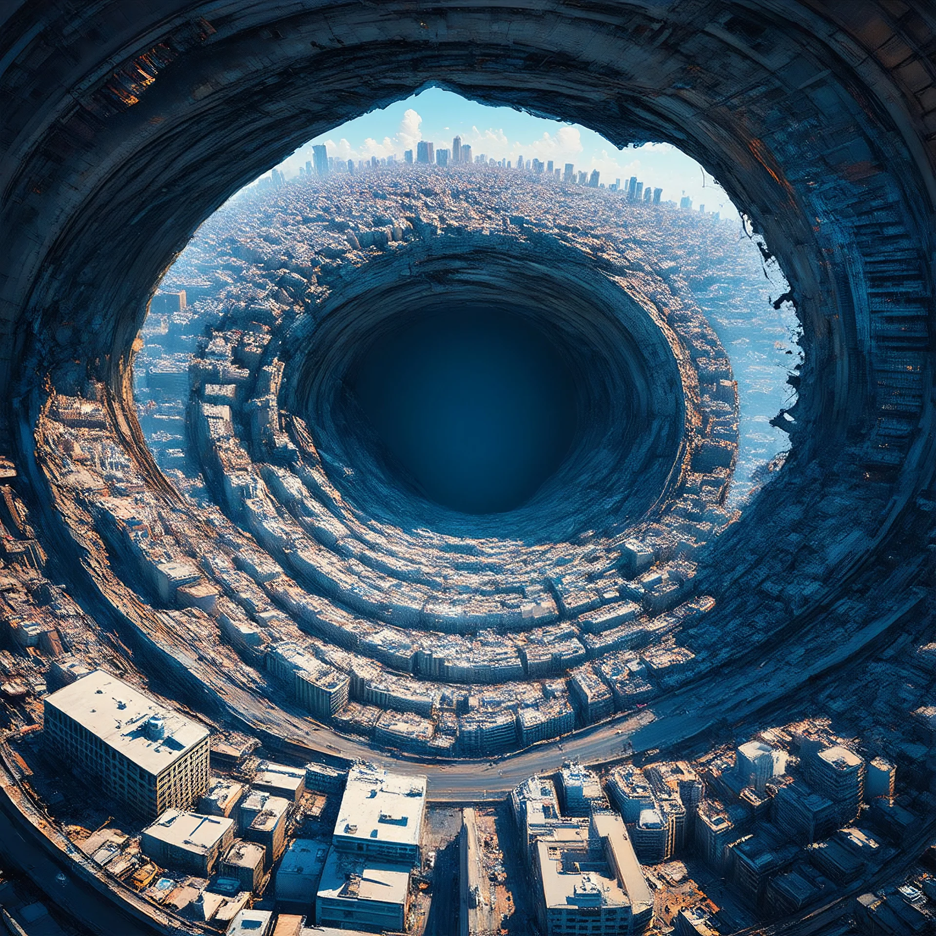 A cinematic, hyper-realistic digital artwork of a spiraling cityscape collapsing inward into an enormous circular chasm at its center.