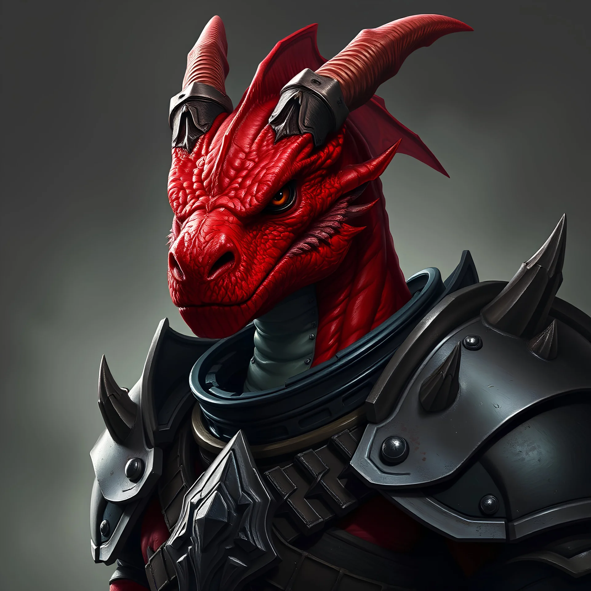 portrait, red dragonborn, heavy armor, monotone background, highly detailed