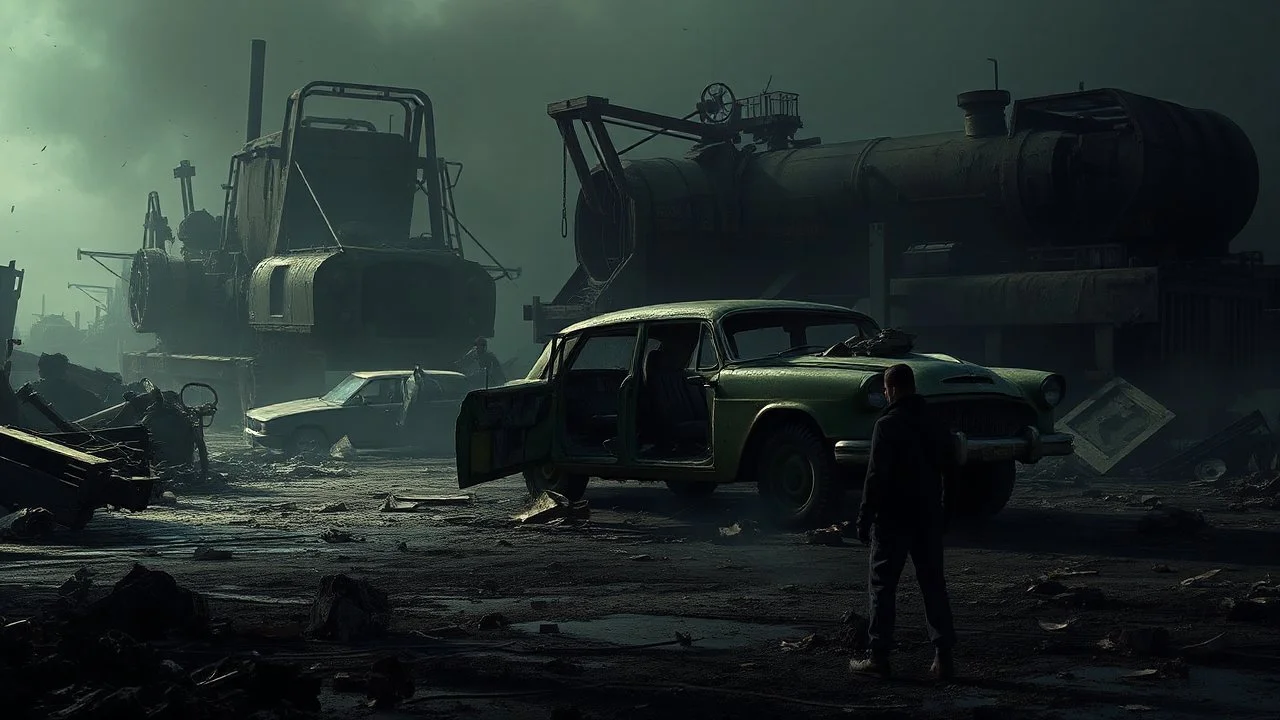 A dark, gritty post-apocalyptic scene with a crashed vehicle, debris, and a lone figure in the foreground. The background is filled with a sense of decay and abandonment, with rusted machinery and a moody, atmospheric lighting