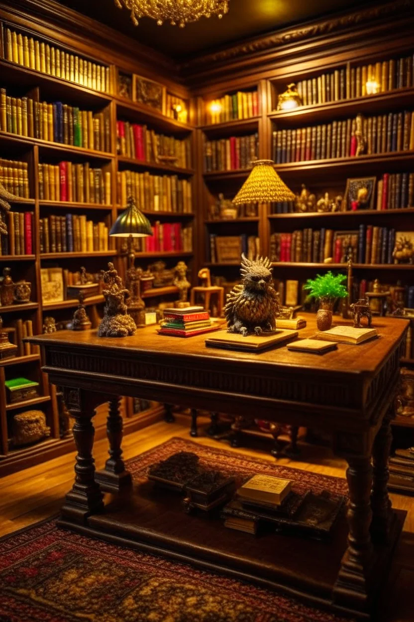 cozy small library, very fantasy style, with fantasy creatures, sharp focus, studio photo, intricate details, with board game table