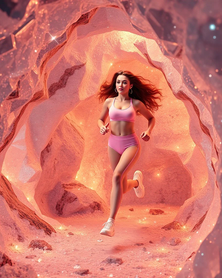 make a video pretty crystal cave covered with jewells and CIFI jewell lights and 3d recursive cubic and sphere base pearls and jwells a beautiful fashion model lady with cute,curvy hair,makeup, in pretty sports suit is running inside cave ,dynamic camera fallow her inside cave capturing full body, dynamic lights.