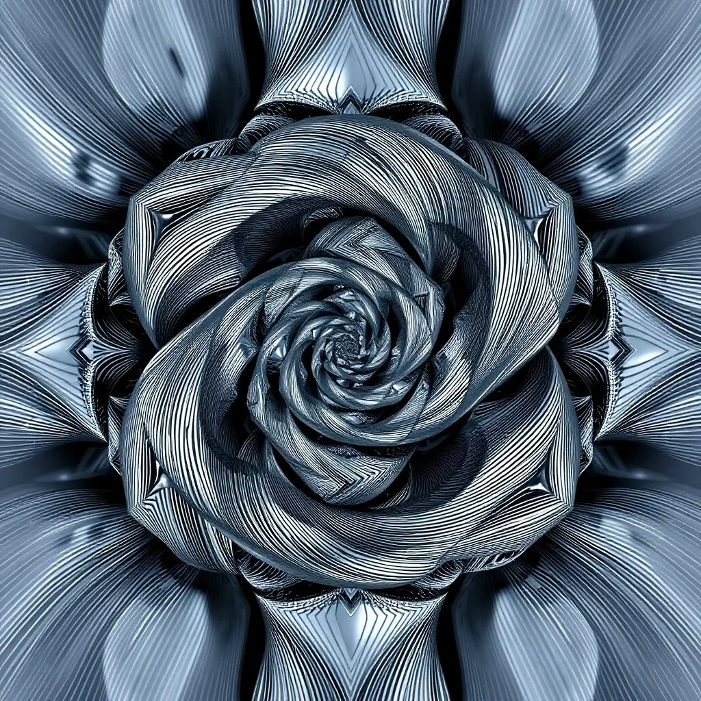 2d structures recursive made of a metallic random color ribon thick fractat of and geometry objects ,blue gray tema background