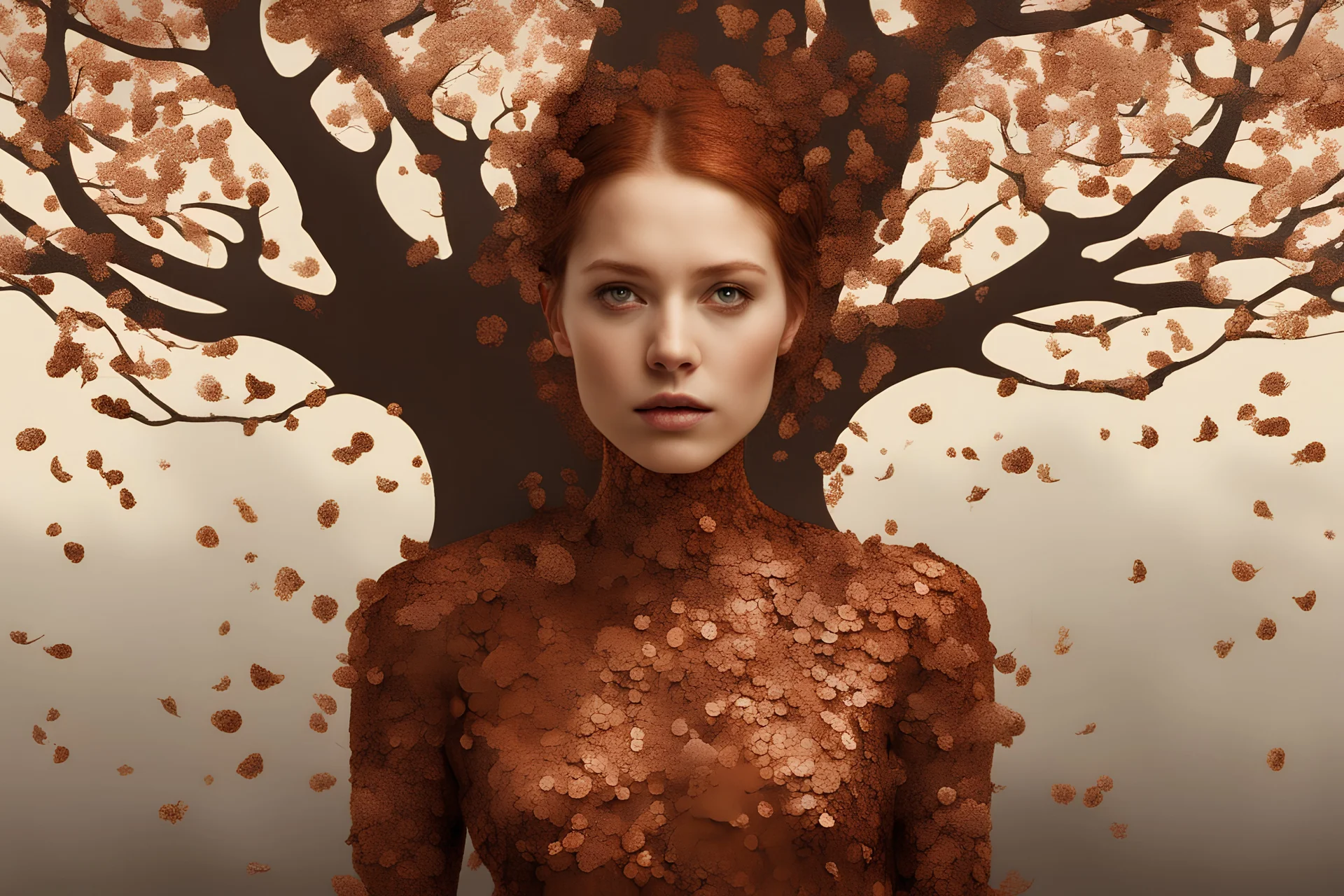 "Young woman covered in tiny copper flowers emerging from a tree, detailed matte painting, deep colour, fantastical, intricate detail