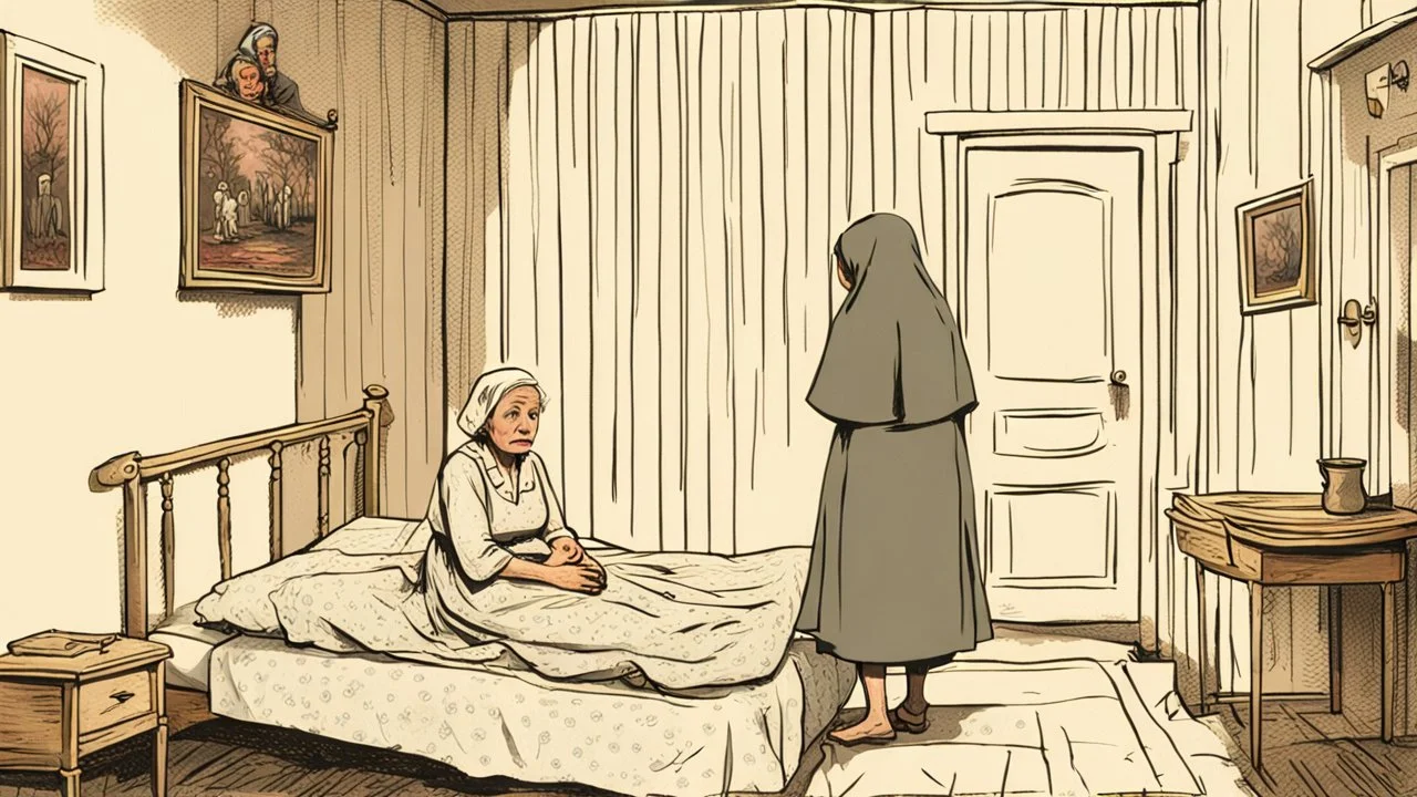 in front of the picture from the back, an old woman in a black and gray vintage villager dress and in a gray headscarf standsat the end of an old bed, on bed lies Evica a young woman with dark blond hair , bloody thighs and legs, you can see her face, the little old room, old, village environment, little light, shadow in the corner, dramatic atmosphere, high detailed, sharp focus, high realistic, thriller mood, perfect photo