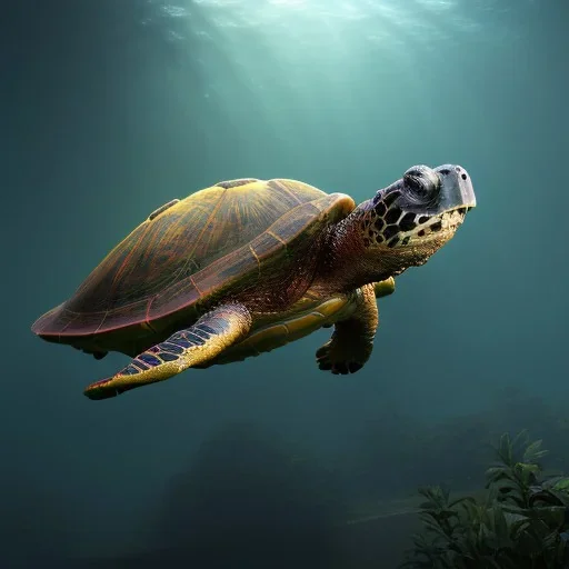 Turtle,deep water unreal 5, octane render, cinema4d, redshift render, hyper realistic, cenematic, vibrancy, synthwave, retouch, centered, dynamic lighting, dramatic lighting, 4k, highly detailed, attractive beautiful, realistic, virtual reality, epic composition, holographic,