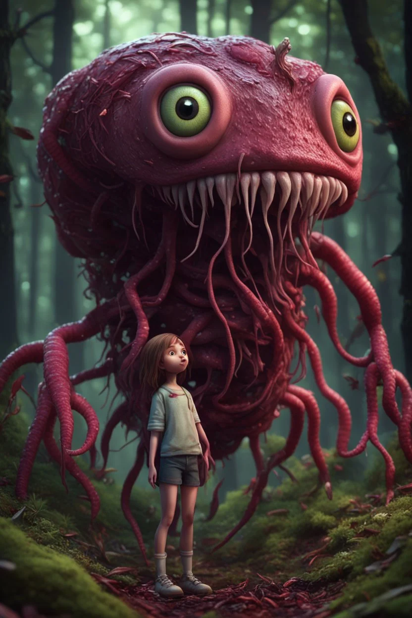 Rare parasite creature holding a girl meanwhile many worms streaming from his eyes in the forest, fullbody, macro photography, darkred tones,high detailed, 3d pixar disney the cinematic FKAA, TXAA, and RTX graphics technology employed for stunning detail.