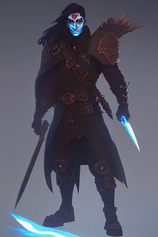 A warrior with a matte black combat helmet and eyes with bright blue flaming pupils, a black cape and a long coat with long combat boots and a long, sharp and fiery spear and with his helmet under his cape and two blue flames instead of eyes