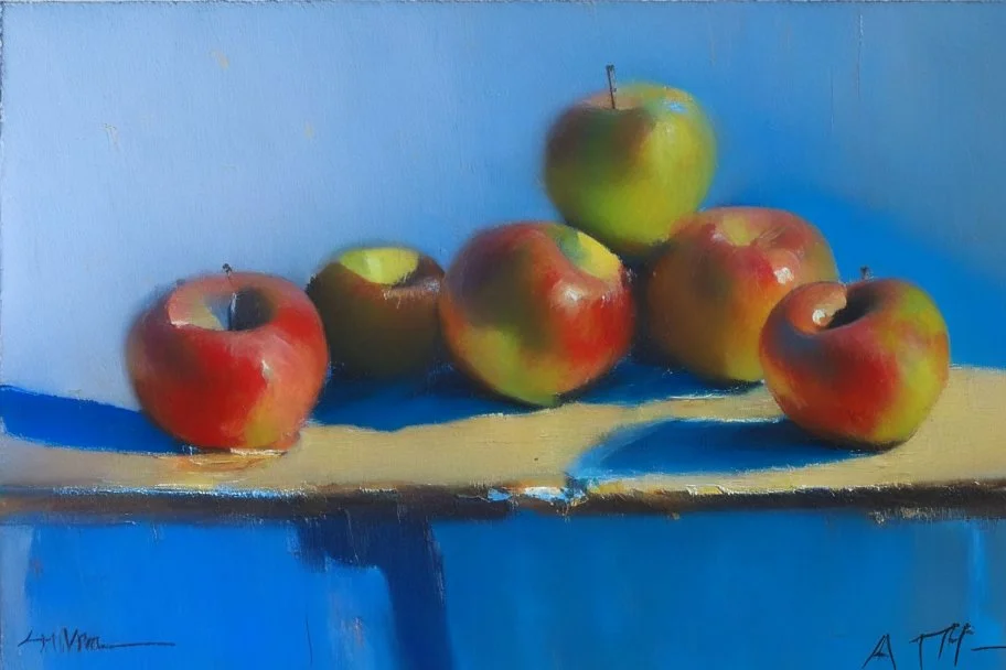 oil painting of apples on a table, style of Peter wileman