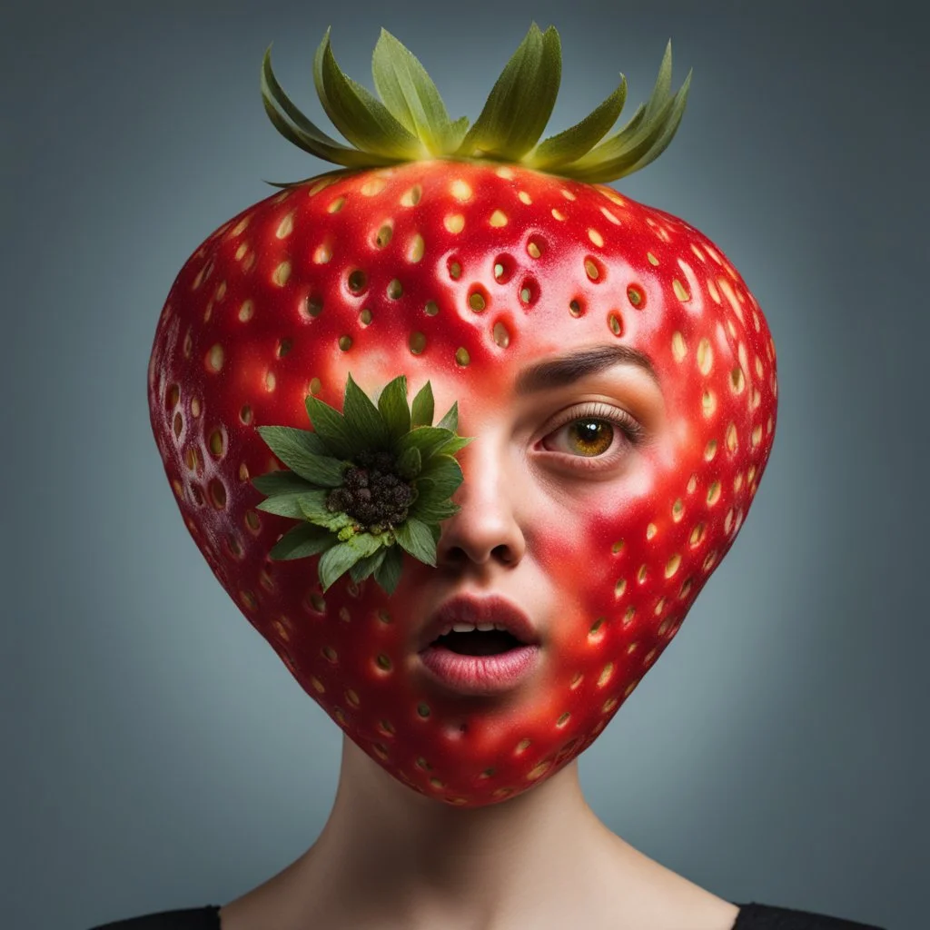 a zombified strawberry with pixie-cut hair