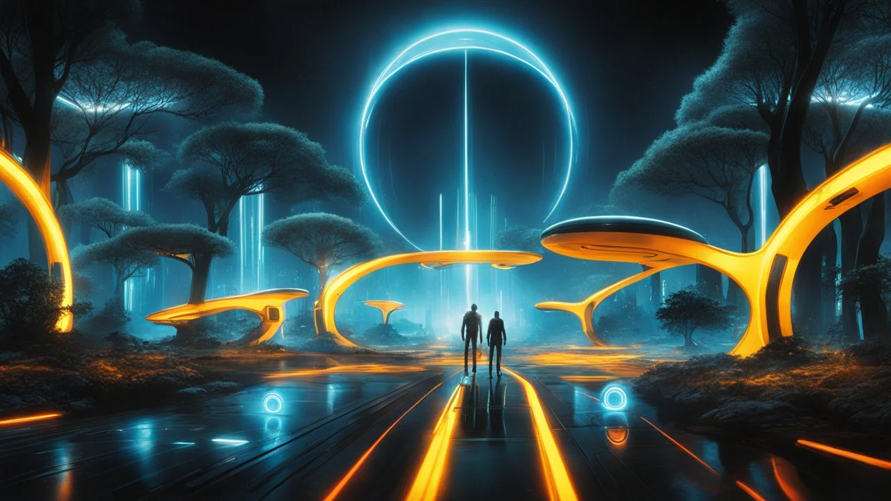 tron legacy movie, creatures,, space ships, city of the future, trees , forest, yellow, blue, red, orange, realistic