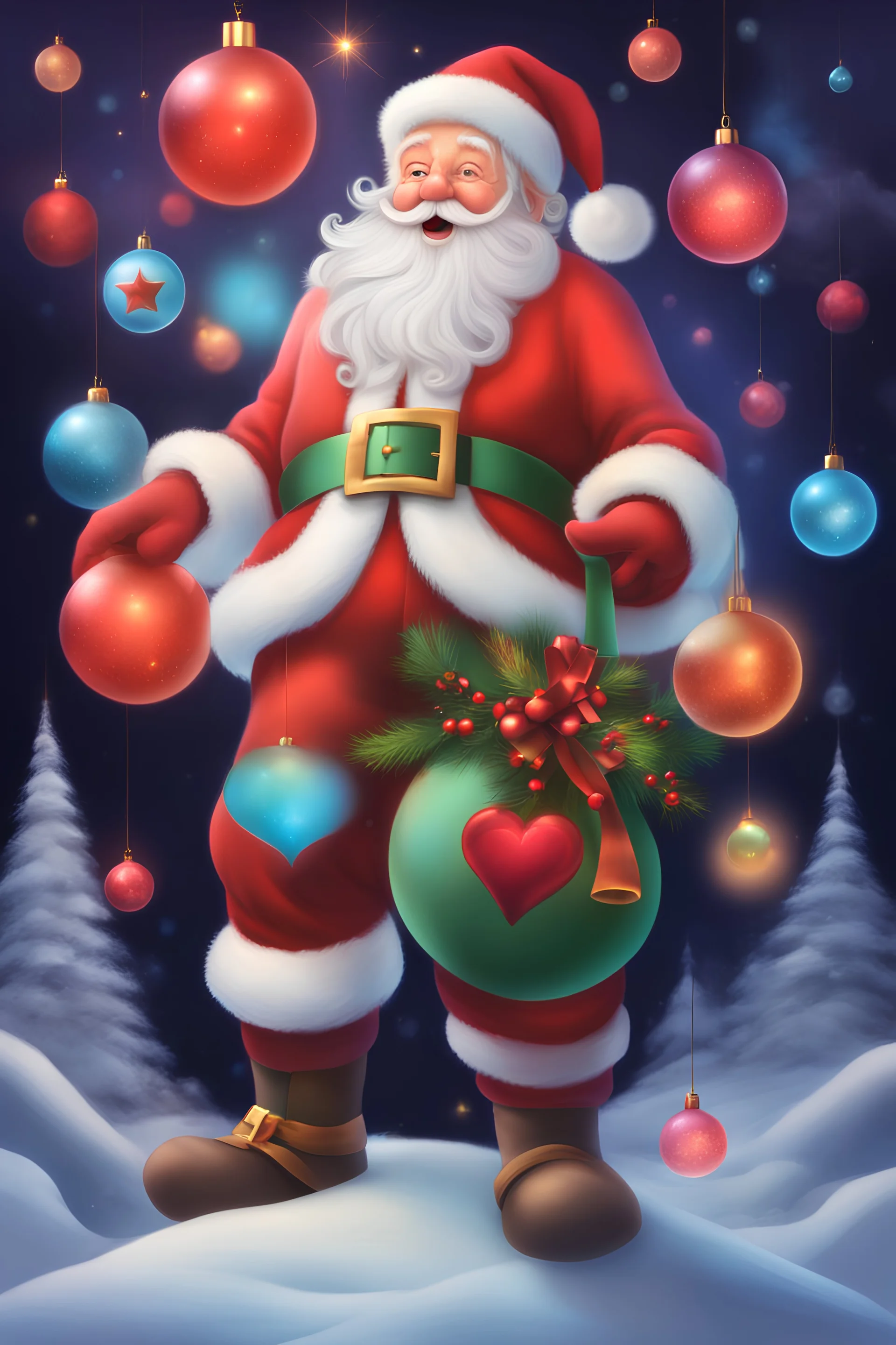 Christmas Themed -- Multicolored 3D Bubbles, multicolored, Floating 3D hearts with an electrical current, fog, clouds, somber, ghostly mountain peaks, a flowing river of volcanic Lava, fireflies, Christmas tres, a close-up, portrait of Santa Claus smiling a big bright happy smile, wearing his traditional Christmas uniform, in the art style of Boris Vallejo