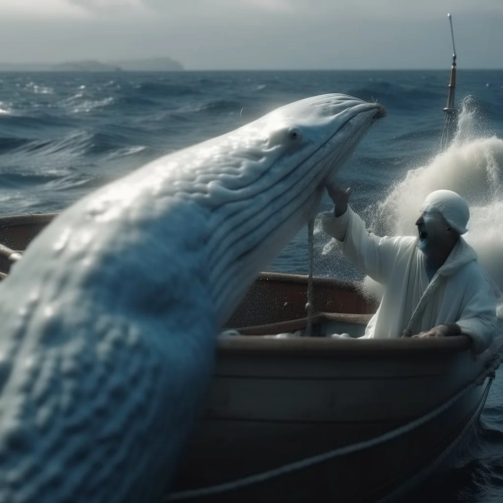 sailor throws harpoon at a big white whale from an old fishing boat, 8k, detalied