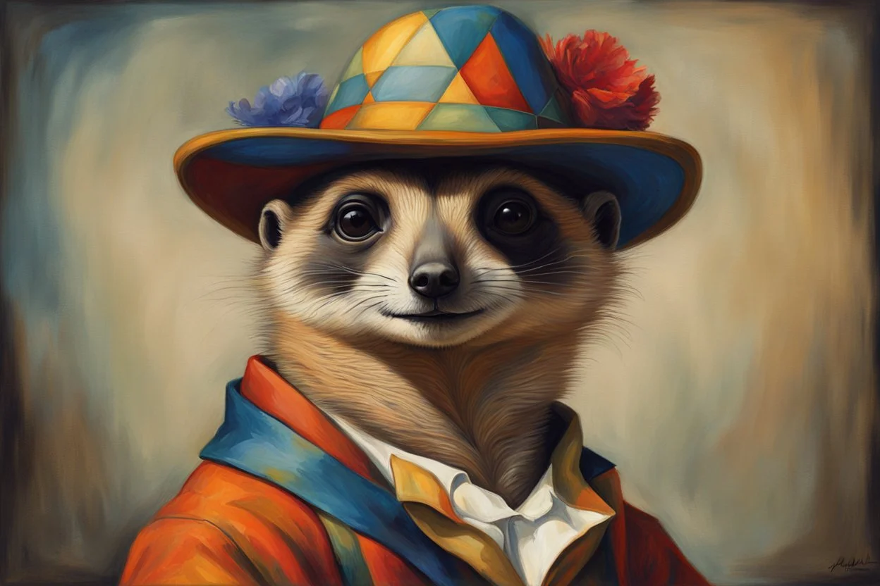 Imagine an anthropomorphic meerkat with a harlequin hat ,by Judith Leyster. in the style of August Macke, John Blanche. Modifiers: oil on canvas vibrant imperial colors hyperrealistic ultra detailed crisp quality whimsical muted colors Decadent 64K, UHD, HDR, HQ anthropomorphic face dark, gloomy, mysterious ©Miwi metallic bronze accents