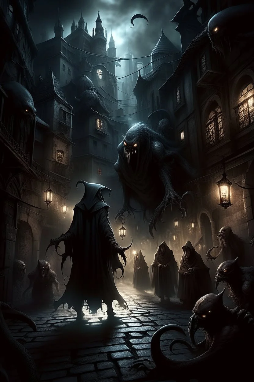 A captivating depiction in digital form, showcasing a plethora of ghost creatures thriving within a surreal and lively black hooded shadows realm. This imaginative artwork embodies the essence of supernatural fiction, presenting a medium shot composition with fantastical beings that are unique, belonging to a world beyond our own. A an old city of creatures out of this world enhanced by dark atmospheric lighting, Busch painting style nightmare. Thin line draw style