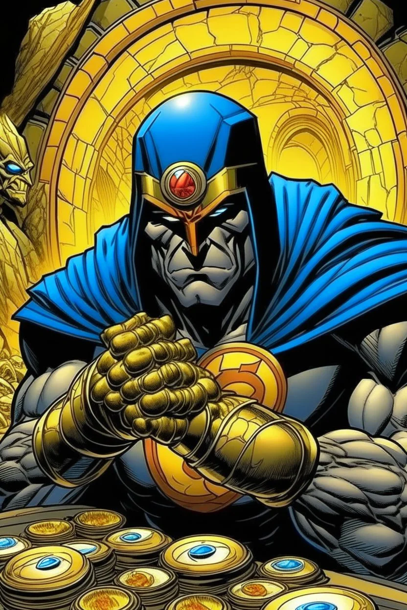 darkseid with gold jewelry and diamond ring; inside Batman's cave, wearing a Nike hat