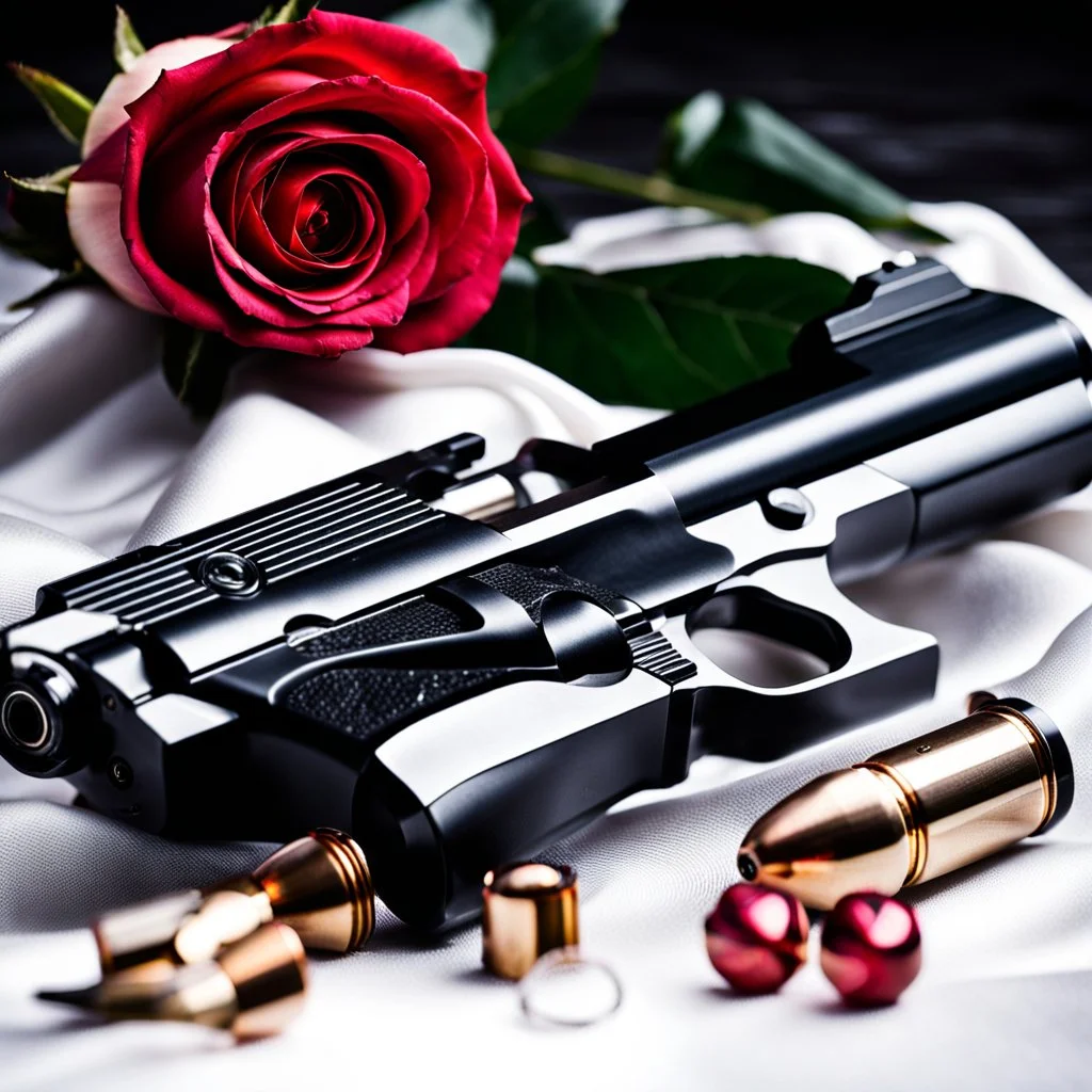 Revolver lying on a white silk sheet with bullets and a rose