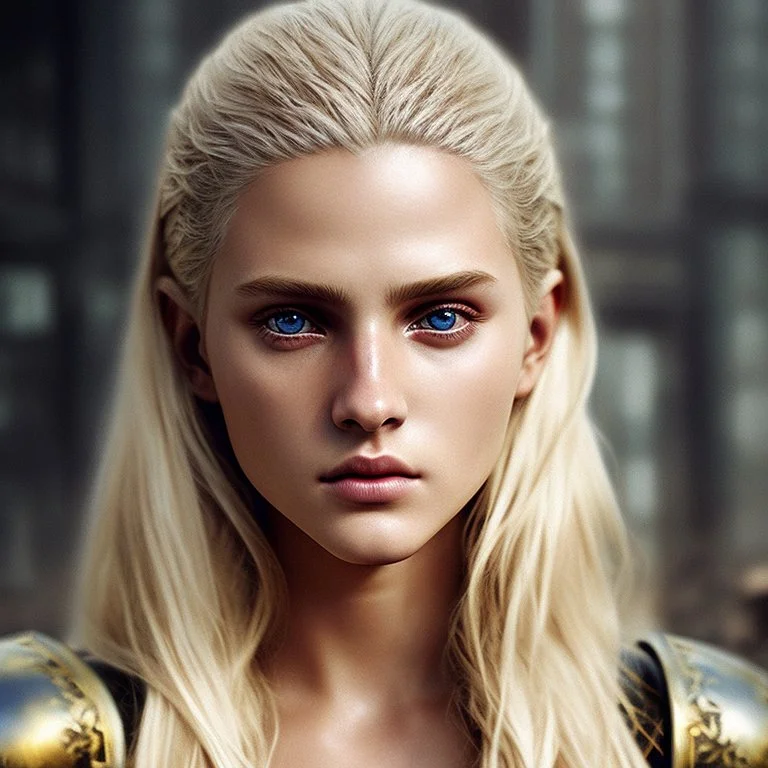 Prhotorealistic close-up of a beautiful blonde warrior with dystopian clothes and background