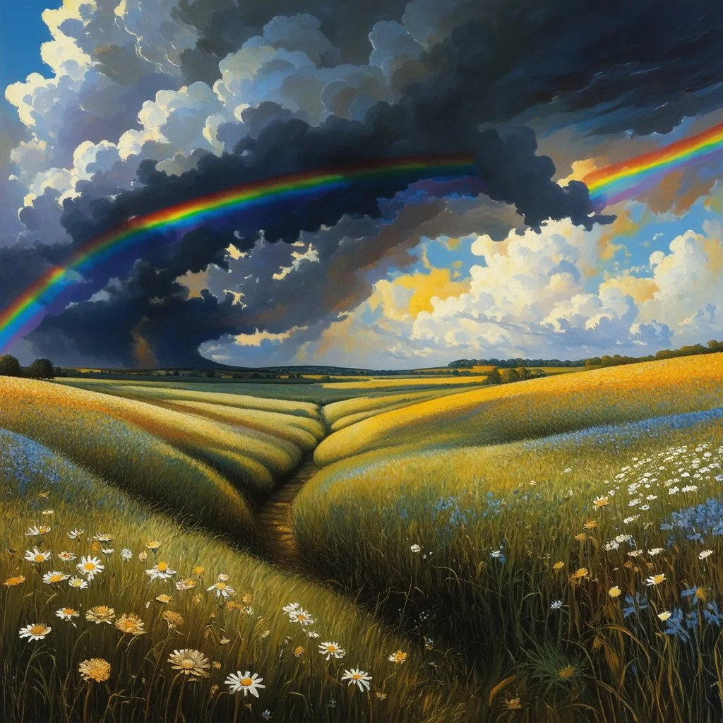 A collaboration between Salvador Dali, Vincent Van Gogh, and Jean Baptiste Monge. Swirling rainbow storm clouds over a vast field of long grass and plentiful flowers swaying in the winds. Modifiers: highly detailed elegant extremely detailed fantasy intricate high detail fantastic view close up ultra detailed