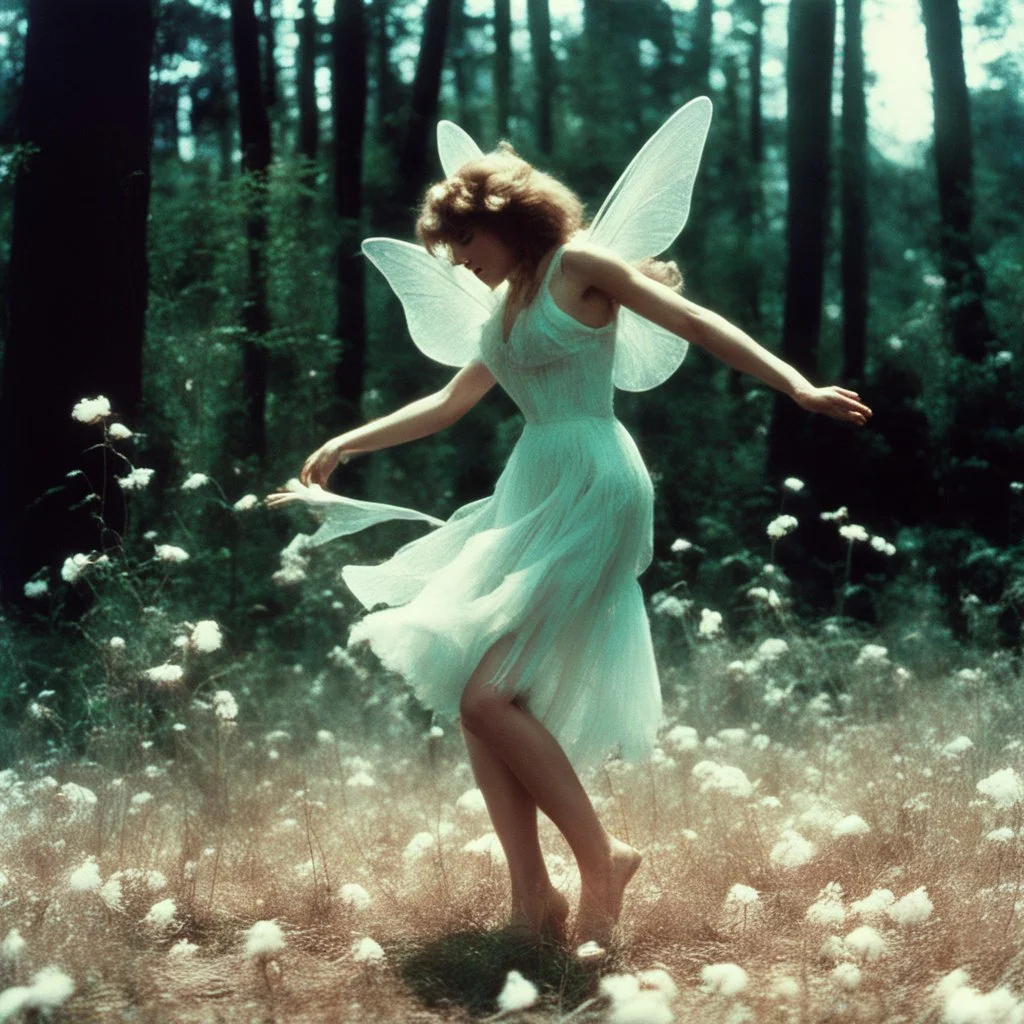 The exuberance of the faerie poised on hands and knees for the dance in cotton agent provocateur [vintage style noisy scratches glitches, Shot the texture and then rewound the film and double exposed from a 1970 Italian VHS movie]