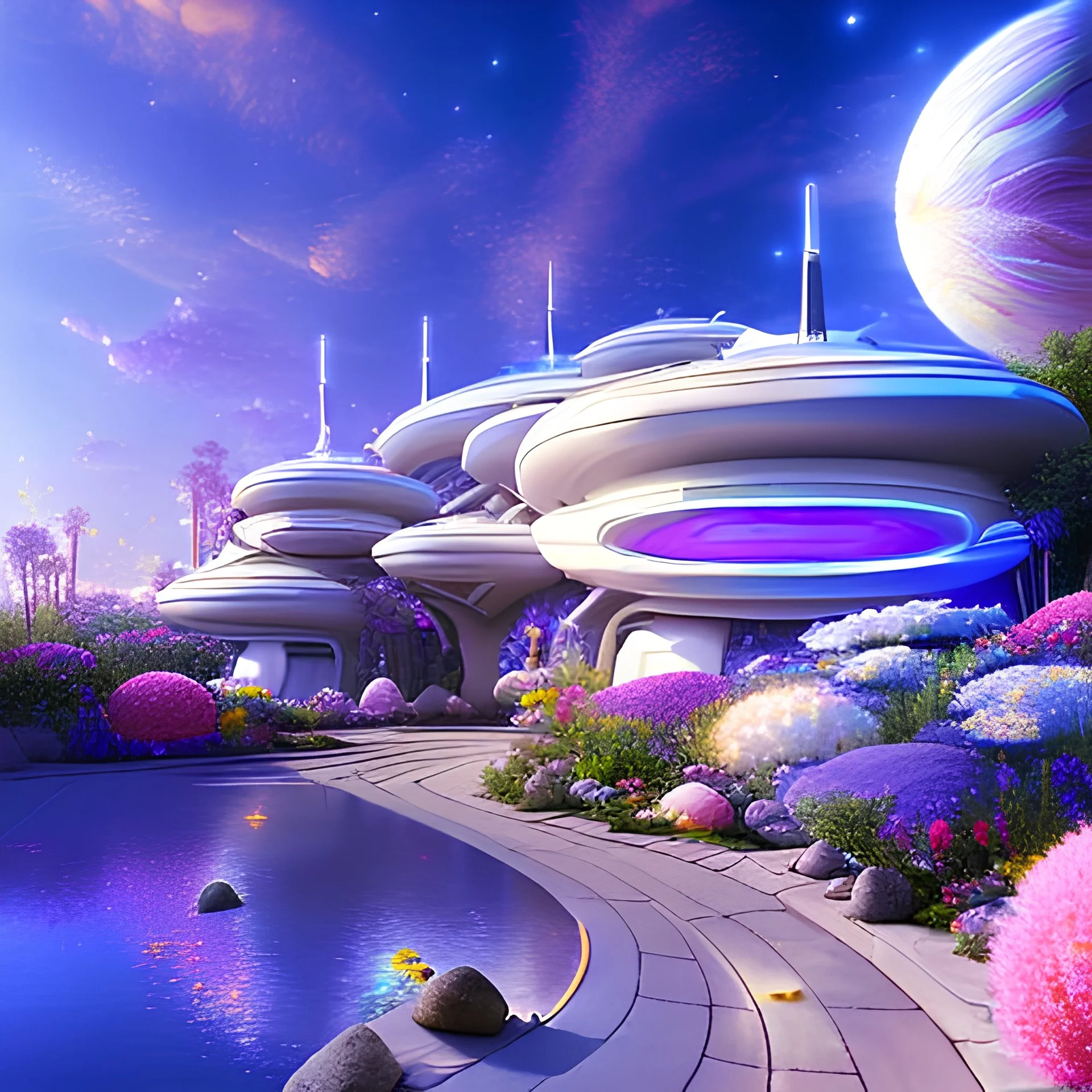 landscape of summer tropical ambient beautiful starship white gold and neon lights bright and colorful bright gloss effect of a futuristic house,like spaceship, natural round shapes concept, large transparent view of the open outdoor garden,sea beach at sunset, gold crystals,with light pink, flowers of Lotus, beutiful pools, light of sun , palmiers,cerisiers en fleurs, wisteria, sun , stars, small waterfalls