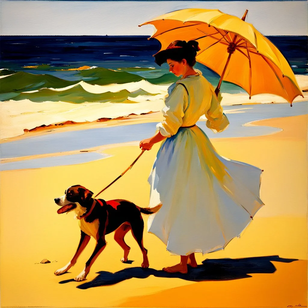 A young woman with an umbrella walks with a dog on the beach, 19th century, in the style of Joaquin Sorolla, light and color,