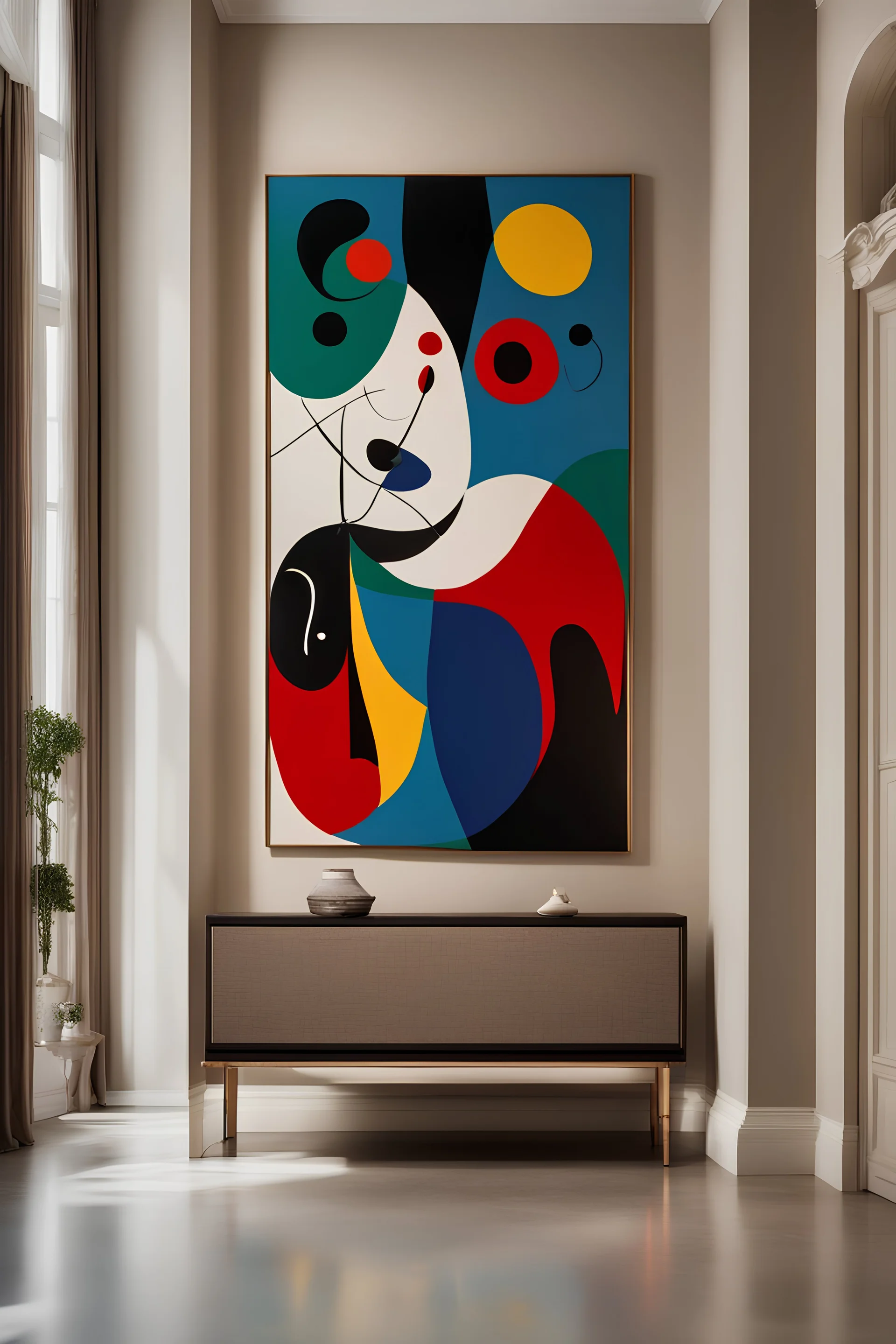 joan miro and picasso style painting on canvas in a minimalist and luxurious entrance hall