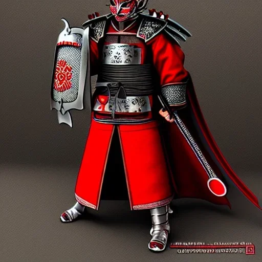 Personnage détaillé, chat, anthropomorphique, habillé comme un samurai, armure très détaillé, rouge, argent.