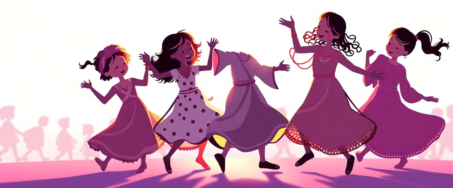 illustration of children playing and dancing. fantastic lighting, chaabi children's book proportions, on a light background