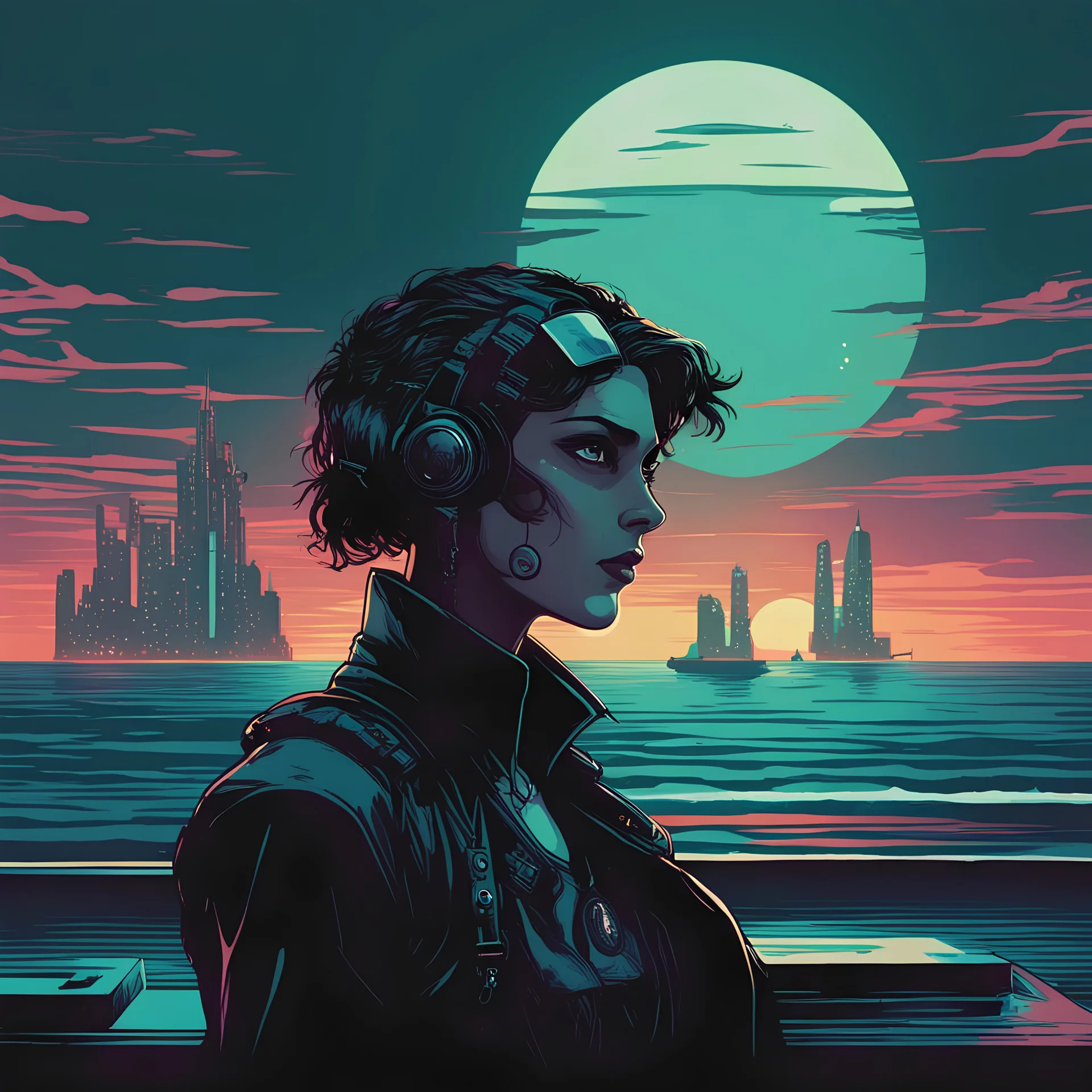 Ursala plotting dark deeds, in retro cyberpunk art style, background ocean