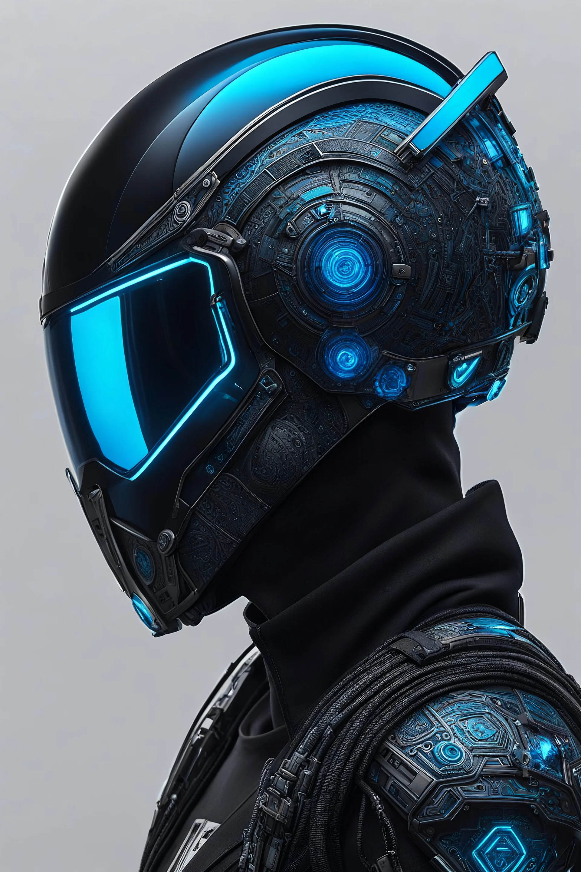 Someone wears a black glass Cyberpunk helmet , full helmet cover , Changshan, black and blue color, cyberpunk drawing style, neon, full body, intricate details, highly detailed, high details, detailed portrait, masterpiece,ultra detailed, ultra quality