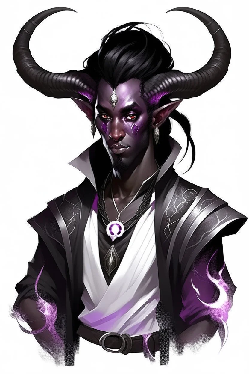 En Young male Black skin black hair tiefling White Wizard with large Black horns with a bit of Purple horns same size going from the front to the back. glowing Silver and White symbols