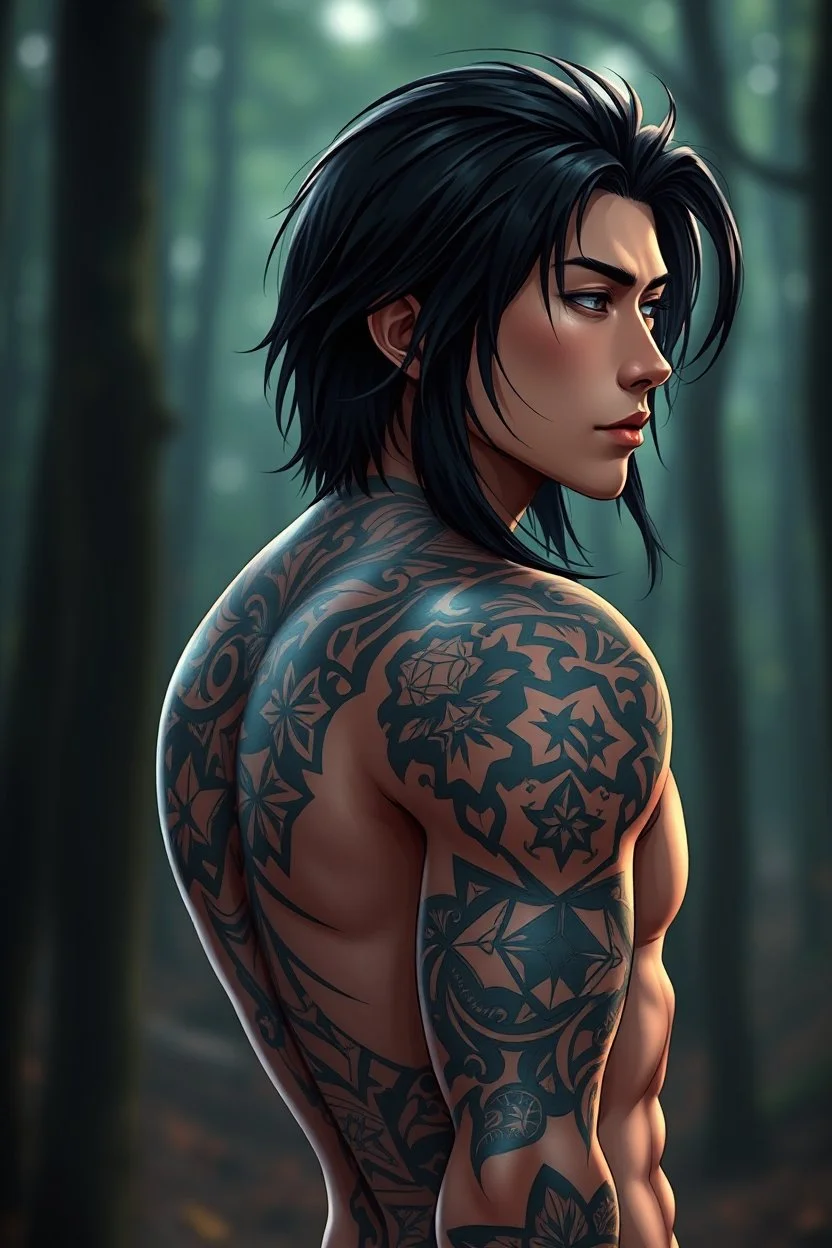 3d anime style tattooed korean man, nice profile, attraktive handsome, medium long black hair, hot body, his body with geometric tattoos, deep dark colors, blur random forest background, highly detailed, dramatic vibe
